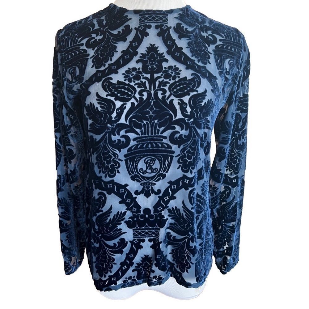 RALPH LAUREN Navy Patterned Silk Blouse